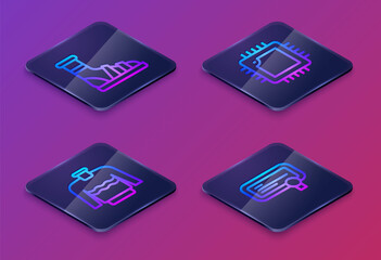 Aufkleber - Set Isometric line Slippers with socks, Sweater, Processor CPU and Certificate template. Blue square button. Vector