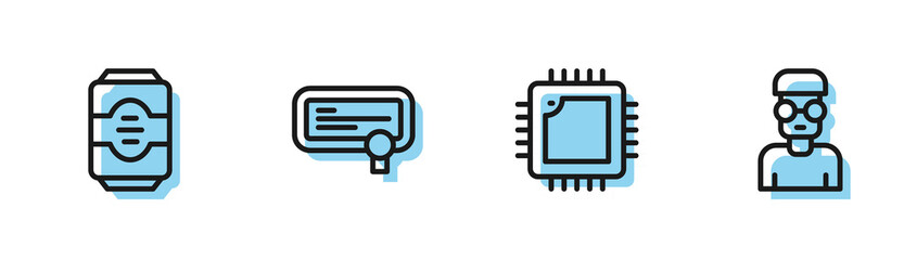 Poster - Set line Processor with CPU, Energy drink, Certificate template and Nerd geek icon. Vector