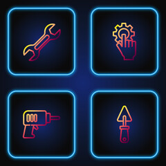 Sticker - Set line Trowel, Electric drill machine, Wrench spanner and Settings the hand. Gradient color icons. Vector