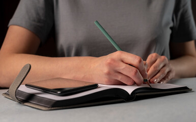 Poster - Female hands making records and notes, making appointments, planning in planner