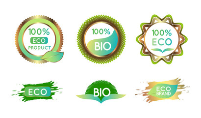 Set of vector labels. Bio organic golden eco green labels for bio and natural food with text 100 percent, Bio Can be used for label, badge, print, flyer, banner, web, infographic element.