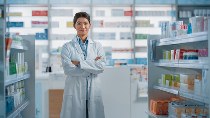 Wall Mural - Pharmacy Drugstore: Portrait of Beautiful Asian Pharmacist Wearing White Coat, Standing with Crossed Arms, Looking at Camera and Smiling Charmingly, Behind Her Shelves Full of Medicine Packages