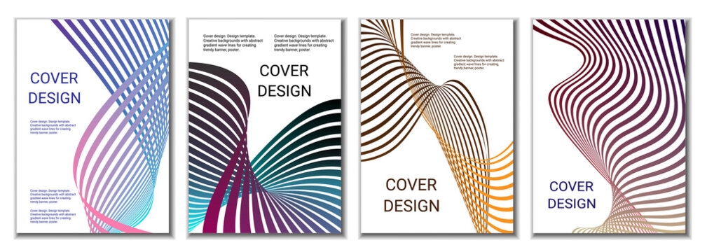 A set of 4 abstract covers. Wavy parallel gradient lines, ribbons evolve. Cover design, background. Trendy banner, poster.