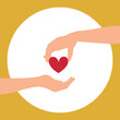 Charitable donation by heart. A person to share money, time, health. Postcard design to fund
hand giving heart and hand receiving. 