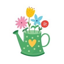Watering Can With Flowers. Cute Hand Drawn Beautiful Flowerpot In Cartoon Style. Spring And Summer Floral Isolated Element. Great For Springtime, Gardening And Farming Design. Vector Illustration