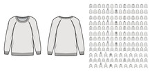 Set Of Sweaters, Cardigans Technical Fashion Illustration With Hood Long Raglan Sleeves, Waist, Hip Length, Knit Rib Trim. Flat Jumpers Apparel Front, Back Grey Color. Women Men Unisex CAD Mockup