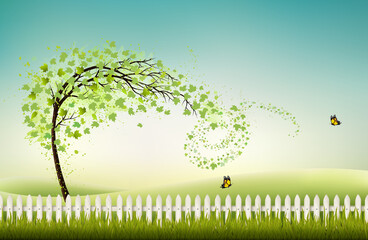 Poster - Spring nature background with green treeand landscape. Vector.