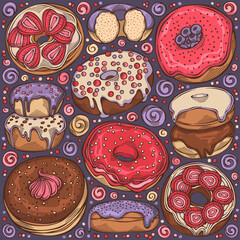 Colorful hand-drawn set of Donuts theme - items, objects and symbols. Pastry for menu design, cafe decoration and delivery box glazed cover. Vector illustration