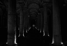 The Dark Colonnade Of Underground Basilica Cistern Yerebatan Sarnici In Istanbul, Turkey