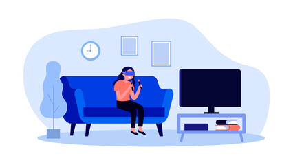 Wall Mural - Girl in VR glasses playing game on TV. Happy woman in VR headset with controllers flat vector illustration. Virtual reality, modern entertainment concept for banner, website design or landing web page