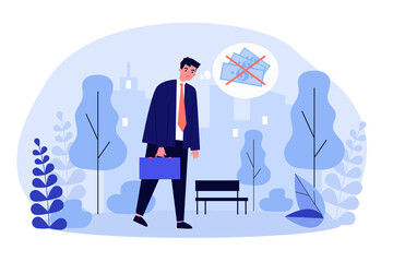 Sad businessman thinking of financial problems. Broke office worker in park needing money flat vector illustration. Bankruptcy, financial crisis concept for banner, website design or landing web page