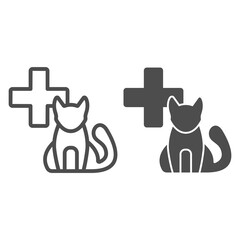 Poster - Medical aid sign and a cat line and solid icon, animal hospital concept, Veterinary symbol on white background, silhouettes of cat for veterinary shop or clinic icon in outline style. Vector graphics.