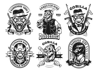 Wall Mural - Monochrome labels with gorilla gangster vector illustration set. Retro tattoo design with monkey and gun. Mafia and animals concept can be used for retro template