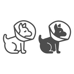 Poster - Puppy with protective collar line and solid icon, animal hospital concept, Pet Elizabethan collar sign on white background, Dog protection cone icon in outline style for mobile, web. Vector graphics.