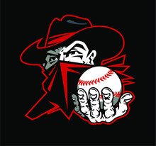 Cowboy Bandit Baseball Team Mascot Holding Ball For School, College Or League