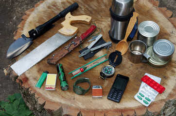 Wall Mural - A set of items for tourism and survival in nature on a tree stump.