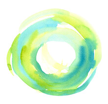 Green - Blue Abstract Circle Background. Watercolor Hand Painting On White Background. Grunge Design Element For Poster, Flyer, Name Card, Wrapping Paper
