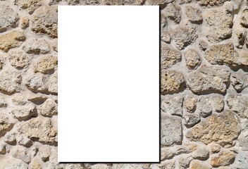 Wall Mural - Blank white sheet of paper leaning at stone wall template mockup