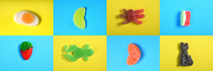 Poster - mosaic of a group of jelly candies yellow  and blue background