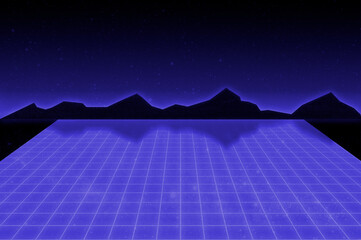 Wall Mural - Retro cyberpunk style 1980's sci-fi background with blue laser grid, blue sky and black mountains. Vintage computer game design template