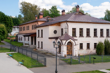 View of the stone two-story abbot building (1530s) with a fraternal refectory, kitchen and cells. Holy Dormition Monastery, Staritsa, Tver Region.