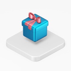 Poster - Blue gift icon with a red bow. 3d rendering square button key isometric view, interface ui ux element.