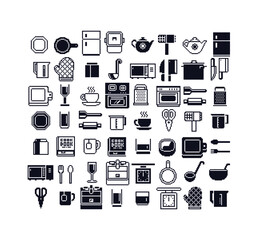 kitchenware, set of dishes, pixel art icons set, isolated vector illustration.