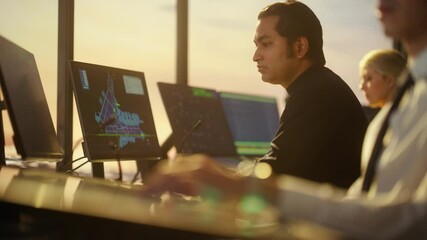 Wall Mural - Portrait of Male Air Traffic Controller with Headset Talk on a Call in Airport Tower. Office Room is Full of Desktop Computer Displays with Navigation Screens, Airplane Flight Radar Data.