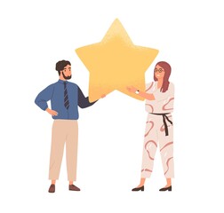 Poster - Couple of customers giving feedback and review of products and services. Clients rating app or website with star. Online assessment concept. Colored flat graphic vector illustration isolated on white