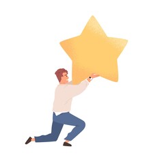 Poster - Happy customer giving golden star for good products and service. Concept of positive feedback and review. Client rating app or website in survey. Colored flat vector illustration isolated on white