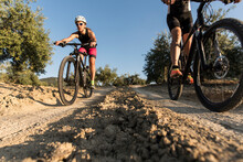Triathletes In Olive Groves Compete With The Mountain Bike In An Olive Grove