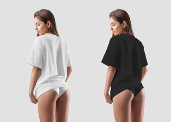 Wall Mural - Mockup of a white, black T-shirt on a half-naked girl. Set of clothes