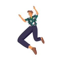 Wall Mural - Happy young energetic man jumping up for fun and joy. Active excited smiling guy feeling freedom. Colored flat vector illustration of positive character isolated on white background