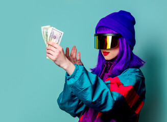 Sticker - Stylish girl in cyber punk glasses and 80s tracksuit hold money