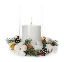 Glass Holder With Burning Candle And Christmas Decor Isolated On White