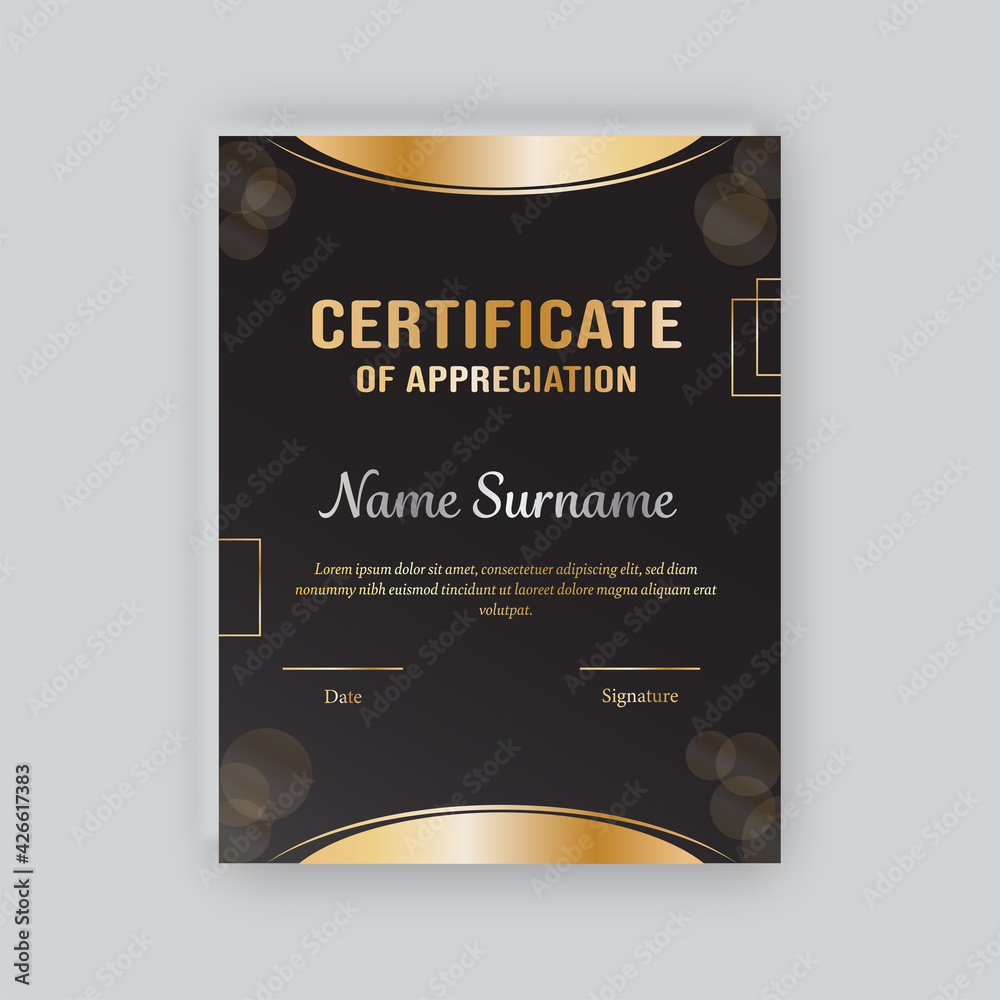 Certificate Of Appreciation Template Design In Black And Golden Color