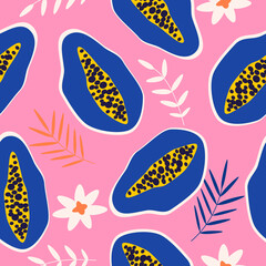 Wall Mural - vector seamless pattern with hand drawn papaya fruits and palm leaves. bright pattern in a flat style for printing onto fabric, wrapping paper. summer background