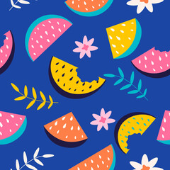 Wall Mural - vector seamless pattern with watermelon and palm leaves. bright pattern in a flat style for printing onto fabric, wrapping paper. summer background