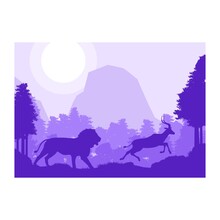 Lion Hunt Impala Deer Animal Silhouette Forest Mountain Landscape Flat Design Vector Illustration