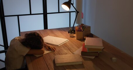 Poster - Tired little schoolgirl doing homework late in evening