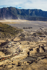 Wall Mural - View from the top of Mount Bromo on people descending from the crater of this volcano, Bromo Tengger Semeru National Park