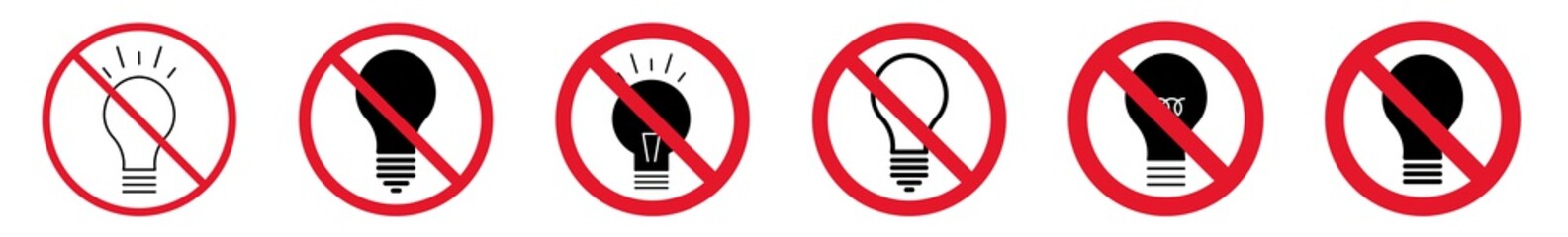 Wall Mural - Prohibition Sign Bulb Forbidden Icon Set | Light Bulbs Prohibition Signs Prohibited Vector Illustration Logo | Lightbulb Prohibition Sign Isolated Collection
