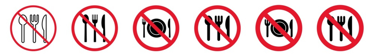 Wall Mural - Prohibition Sign Eat Meal Lunch Forbidden Icon Set | Cutlery Fork Knife Spoon Plate Prohibition Signs Prohibited Vector Illustration Logo | Dining Eating Prohibition Sign Isolated Collection