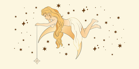 Celestial feminine blonde girl lady sacred woman astrology boho esoteric golden art. Woman with moon and star poster.