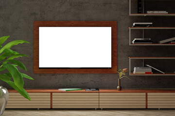 Canvas Print - Glowing blank TV screen mock up at night on the concrete wall of modern living room.