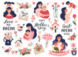 Mothers day set with mom and daughter, calligraphy text, carnation flowers. Hand drawn vector illustration.