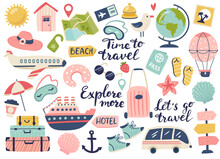Travel And Adventure Tourism, Travel Abroad, Summer Vacation Trip Set. Hand Drawn Vector Illustration. Perfect For Sticker Kit, Scrapbooking, Poster, Tags