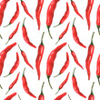 Hot chili peppers. Red bell pepper on a white background. Seamless watercolor print with vegetables.