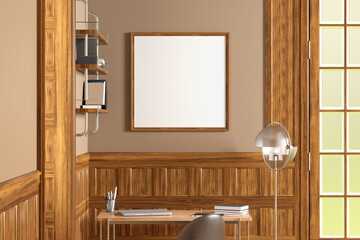 Poster - Square blank poster mock up on beige wall in interior of traditional style living room.