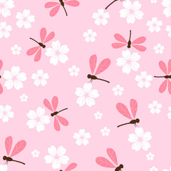 Seamless pattern with cherry blossom flowers and dragonflies on pink background vector illustration.